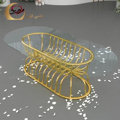 China Custom New Design Stainless Steel Cream Gold Dining Table With Glass for sale