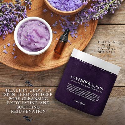 China Exfoliator Custom Logo Bodyscrub Lavender Shea Butter Natural Deep Cleansing Dead Sea Salt Organic Exfoliating Body Scrub for sale