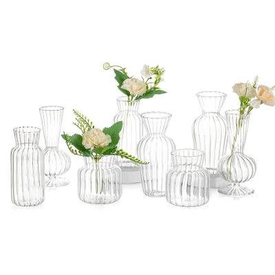 China Europe Small Stripe Handblown Different Shape Narrow Neck Clear Glass Vases For Home Decoration for sale