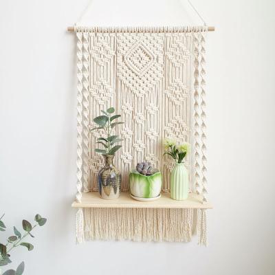 China Indoor Outdoor Wall Art Decor Woven Plant Hanger Boho Macrame Eco-friendly Macrame Wall Hanging Shelf for sale