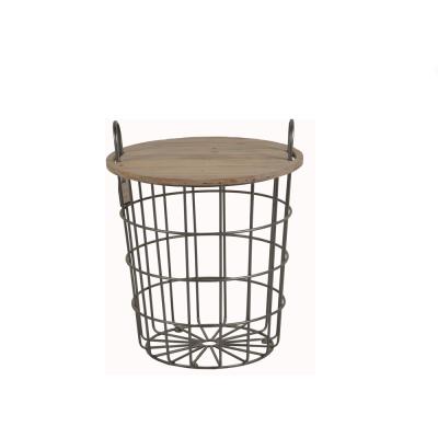 China Rustic Mayco Wire Craft Storage Basket Home Living Lid Metal Wood Organization Rustic Side Table for sale