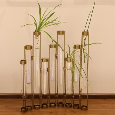 China Modern Plant Mini Greenhouse Metal Gold Home Decoration Mayco Geometric Tube Shape Hydroponic Glass Vase for sale