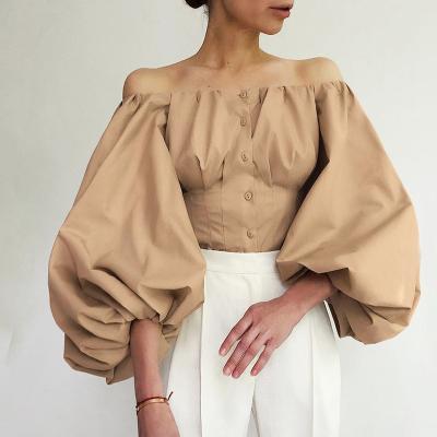 China Breathable Elegant Khaki Shirt Women's Slim Sexy Lantern Sleeve Ladies Party Off The Shoulder Blouse Women's Bodycon Top Blouse for sale