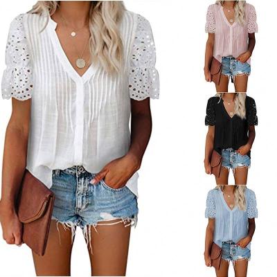 China Viable Summer Women's Casual Solid Color Lace V-Neck Stitching Chiffon Pleated Shirt Main 2022 Women's Office Short Sleeve Shirt Blouse for sale