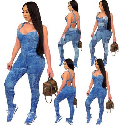 China 2022 new arrival fashionable women's breathable Jean Printed Sleeveless Back Hollow casual off the strap women's overalls for sale