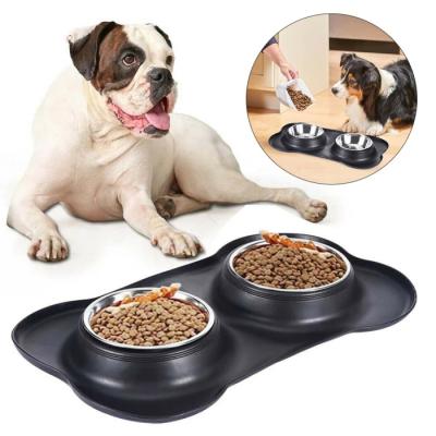 China Sustainable Pet Food Bowl Stainless Steel Dog Bowl No Puddle Silicone Mat Non-Slip Pet Driver Bowl Dogs Cats Pets for sale