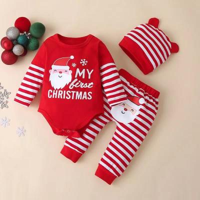 China 2021 Autumn 100% Cotton Baby And Kids Christmas Long Sleeve Three Piece Set New Stripe Pants Detachable Hat Dress Set For Kids for sale