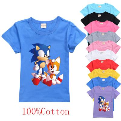 China Wholesale Summer Children Breathable Cartoon Printing T-shirt Cotton OEM Short Sleeve Tops Striped Sonic Pattern Short Sleeve T-shirt for sale