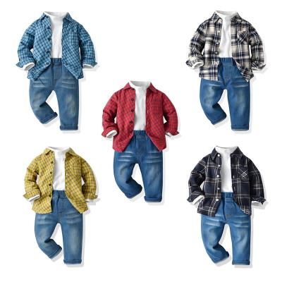 China INS Preppy Autumn Style White Push Up Shirt European And American Jeans Long Sleeve Shirt Boys Three-Piece Set To Customize for sale