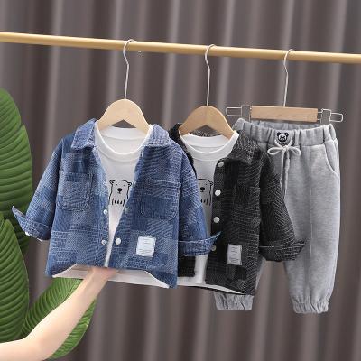 China Preppy Style Children's clothing ins European and American boys bear print sweater plaid jacket casual trousers three-piece set to customize for sale