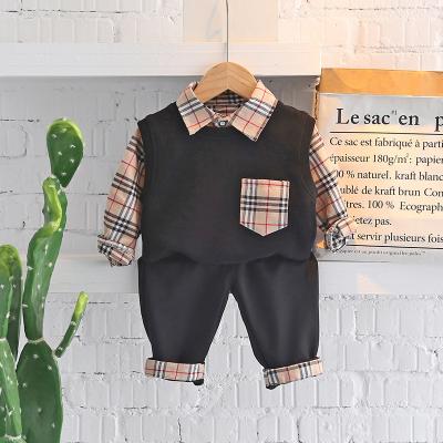 China Autumn Preppy Style Ins Style European and American Children's Plaid Shirt Suit Long-sleeved Shirt Solid Color Vest Three-Piece Set Customize for sale