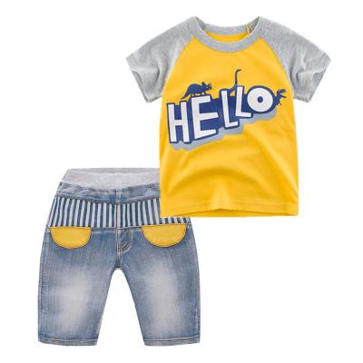 China Preppy style children's casual suit 2022 new summer fashion jeans plus shorts two-piece short-sleeved lattice suit for boys 5y for sale