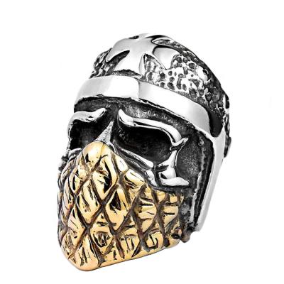 China Crusader Skull Ring 316L Stainless Steel Gothic Punk Style Masked Gold Bandana Cross Ring For Men Motorcycle Club Finger Band Jewelry for sale