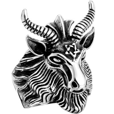 China Punk Church Of The Goat Of Satan Baphomet Rings Ram Head Ring Aries Zodiac Biker Hiphop Devil Men Stainless Steel Gothic Punk Rings Vintage for sale