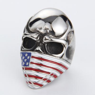 China Punk Mens Enamel American Flag Rings Silver Stainless Steel Bandana Skull Ring For Man Titanium Steel Personality Biker Jewelry USA for sale