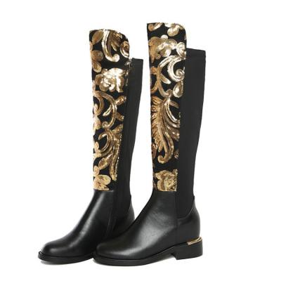 China Cushioning Custom Leather Elastic Heels Women Fashion Gold Sequined High Knight Boots Whip Tall Boots Women's Leather Shoes for sale