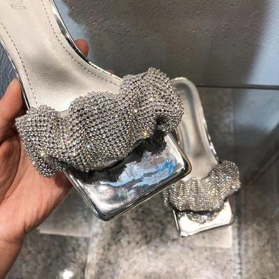 China Ladies Diamond Fairy High Heel Slippers Fashion Trend 2021 Summer Fashion Style Trainer Midheel Sandal Silver Slippers for sale