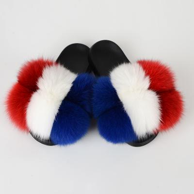 China Fashion Trend Removable Colors Trendy Sandals Slides Logo Furry Seperate Fluffy Real Fox Fur House Slippers 100% Custom Made for sale