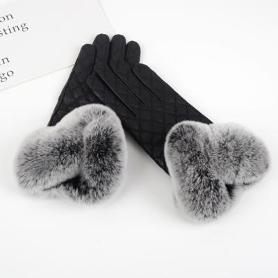 China 2021 Fashion Genuine Leather Rabbit Hair Rex Screen Touch Screen Glove Female Winter Sheepskin Gloves Oblique Touch Leather Work Glove Keep Warm for sale