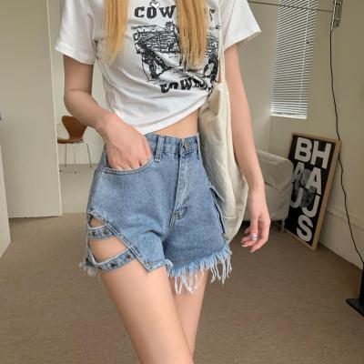 China Fashion high waist QUICK DRY slim fit loose denim shorts student girl side vintage open pants hot jeans 2021 for sale