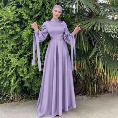 China Wholesale Ab016 2022 New Fashion Solid Satin Polyester Long Sleeve Maxi Women Abaya Dubai Muslim Dress With Ruffles for sale