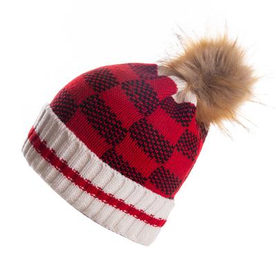 China Comfy Hat Pom Pom Hats Warm Knitted Christmas Collectible Buffalo Plaid Beanie Hats for sale