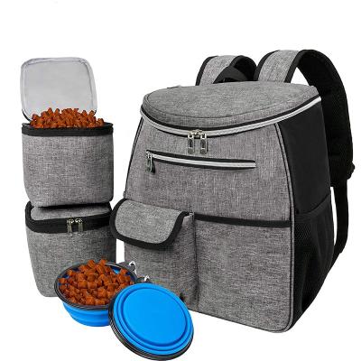 China Breathable Airline Approved Shoulder Straps Travel Gray Polyester Dog Food Container Backpack Bag With 2 Dog Food Containers for sale