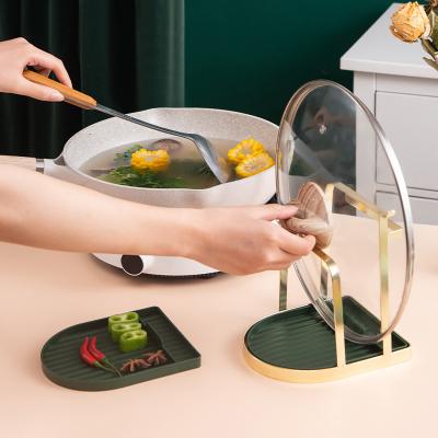 China Viable Kitchen Accessories Stainless Pot Holder Cover Lid Rest Rack Spoon Holder Rack With Drain Tray Kitchen Accessories for sale