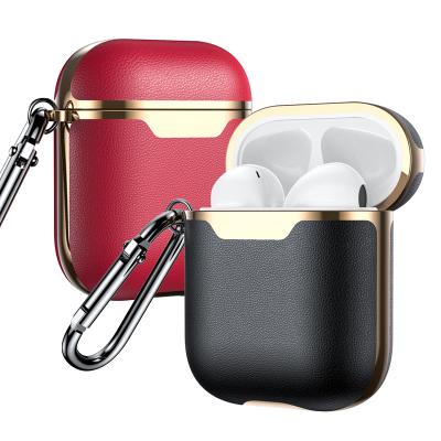 China Cover By Cover Device Leather Portable Black Leather Case With Carabiner For Apple AirPods 1 And 2 Gold Plated Case Filling Case for sale