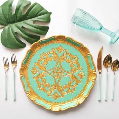 China Disposable Luxury Mint Green and Gold Solid Disposable Wooden Dishes for Food Fancy Colorful Wedding Wooden Dish for sale