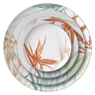 China Factory Supply Viable Porcelain Bone China Tableware Dishes Sets Lotus Print Decal Dinner Dish Set for sale