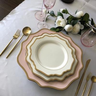 China Custom dinnerware custom rose gold rim luxury porcelain sunflower ceramic ceramic dinner plate for wedding for sale