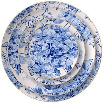 China Viable Blue Flower Gold Rim Flower Gold Dish Charger Tableware International Luxury Ceramic Dinner Dishes Set To Wedding for sale