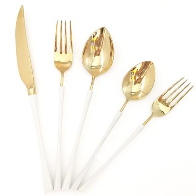 China Viable Wholesale White Flatware Set Luxury Reusable 304 Stainless Steel International Dinnerware Gold Handle Flatware Set Reusable Cutlery Set for sale