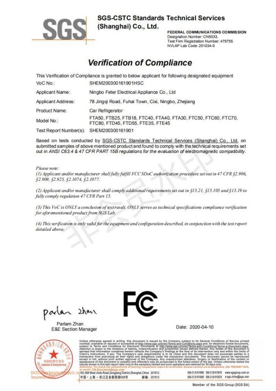 FCC - Ningbo Feter Electrical Appliance Co., Ltd.