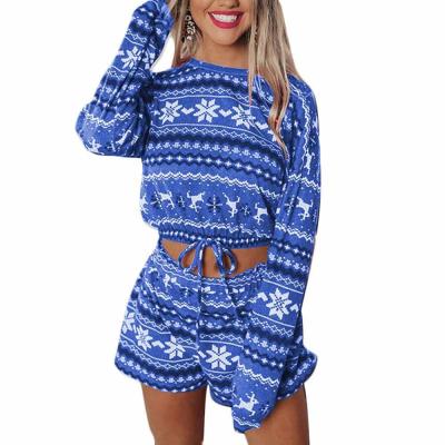 China Breathable Christmas Women Two Piece Set Velvet Snowflake Print Long Sleeve Shorts Sets for sale