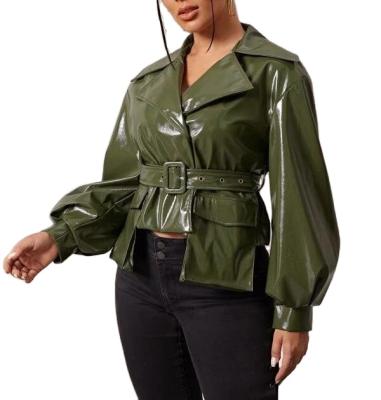 China Other Notch Collar Lantern Sleeve Flap Pocket Belted PU Women Nylon Jacket for sale