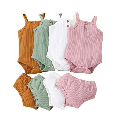 China China Factory Breathable Baby Romper Set Solid Color Waffle Cotton Cute Design Matching Newborn Infant Clothing 2pcs Set for sale