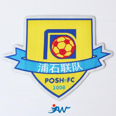 China Soccer Team Customized Embroidery Woven High Quality Viable Badges Brand Sports Damask Wholesale Logo Designs Woven Patch for sale