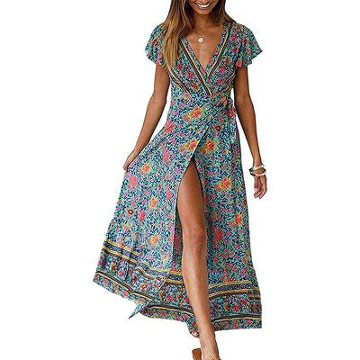 China MANNI Anti-Static Women's Bohemian Floral Print V-Neck Wrap Short Sleeve Split Party Beach Maxi Dress for sale