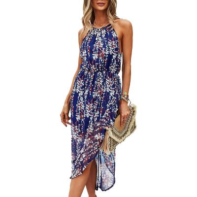 China MANNI Breathable Halter Floral Dress Asymmetrical Boho Edge Summer Dresses High Waist Navy Blue Dress for sale