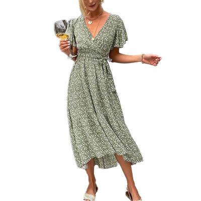 China MANNI Floral Print Cute Dress Breathable Waist Ruffle Green Midi Dress Summer Elasticized Dresses For Women for sale