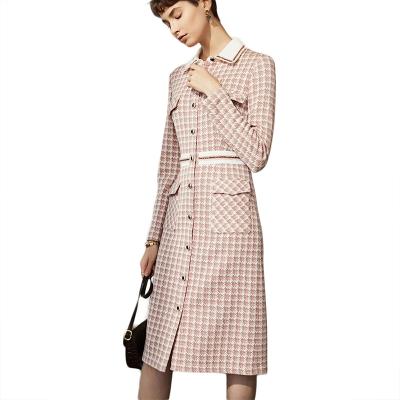 China 2021 Autumn Hot Sales Women Breathable Embellishment Buttoned Contrast Tweed Midi Dress Knit Shirt Dress for sale