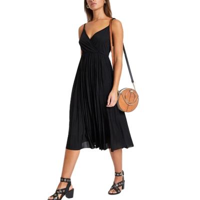 China MANNI China Manufacture Cheap Women Summer Dress Surplice Neck Breathable Adjustable Strap Pleated Casual Long Maxi Dress for sale