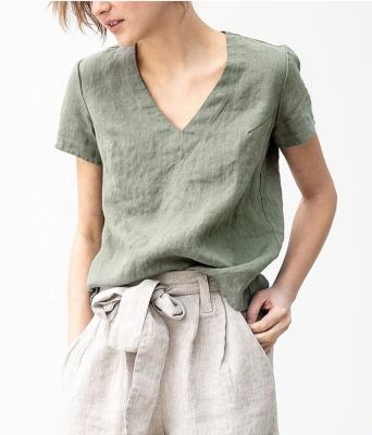 China MANNI QUICK DRY Fashion V-Neckline Casual Canvas Tops With Loose Short Sleeve T-Shirt For Women for sale