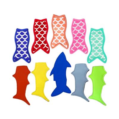 China Wholesale RTS Solid Color Shark Tail Neoprene Eskimo Sleeve Ice Poles Holder Waterproof Mermaid Tail Popsicle Holder for sale