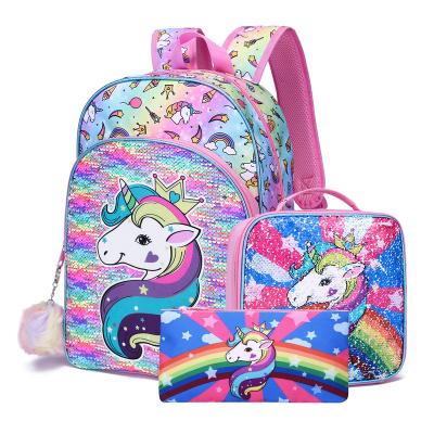 China New three-piece backpack spot unicorn backpack sequin set primary and secondary school schoolbag children's lunch bag rucksack rucksack for sale