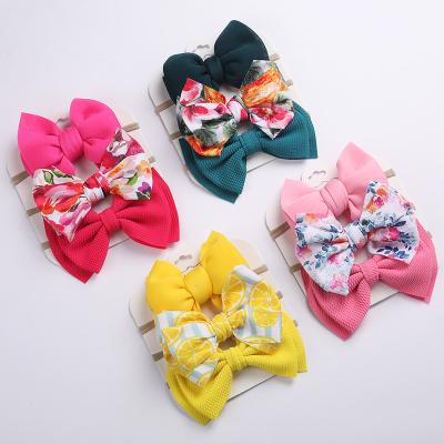 China Popular Boutique Printed Big Bow Headband, Baby Hair Accessories Girls Soft Elastic Headband Hangers 3 Pieces Set, For Girls Headbands for sale