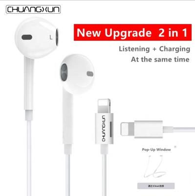 China Powerful Stereo Boom New 2 in 1 with Charging High Sound Quality for iphone Earphone Control Microphone Wired Earbuds Stereo Earphone for light ning for sale