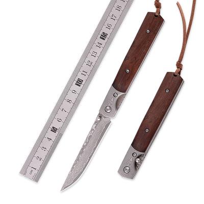 China High Quality Ironwood Damascus Handle High Grade Folding Knife Portable Outdoor Camping Pocket Knife for sale